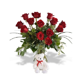13 Roses in Vase and Teddy Bear